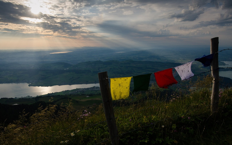 hanging, sky, mountain, beauty in nature, flag, patriotism, cloud - sky, five, outdoors, rigi, european, landscape, scenics - nature, non-urban scene