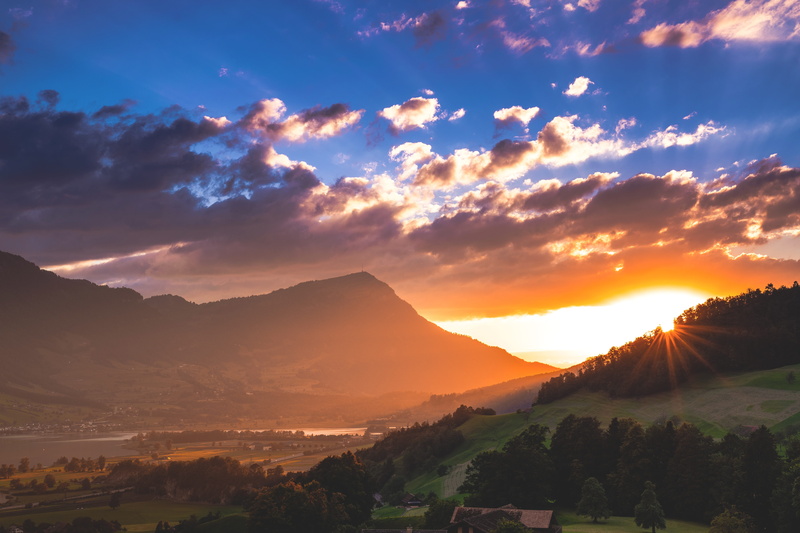 scenics - nature, vierwaldstettersee, picturesque, nature, Afterglow, rigi, cloud - sky, mountain, rays, sunlight, environment, idyllic, atmospheric, orange color