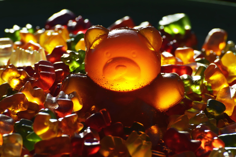 night, selective focus, sweet, food and drink, fruit jelly mix, freshness, brand, wellbeing, 4K, colorful, gummi bears, healthy eating, flame, glowing