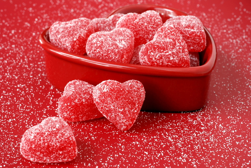 heart, backgrounds, heart Shape, holiday, powdered sugar, indoors, celebration, container, gummies, still life, Hearts, sweet Food, studio shot, love, valentine Card