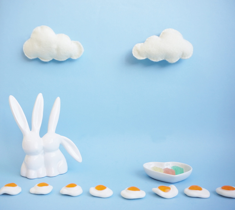 table, candy, cloud, miniature, blue, close-up, cotton, indulgence, high angle view, montreal, bunny, egg, white, shape, gummy, easter, colored background