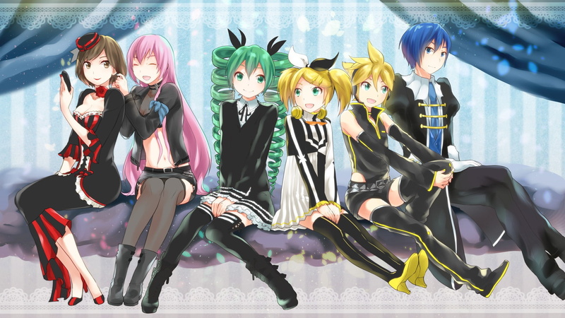 Vocaloid, megurine luka, anime, girls, art, headphones, rose, 1080P, microphone, flower, kagamine len, kagamine rin, meiko, boys, kaito, hatsune miku