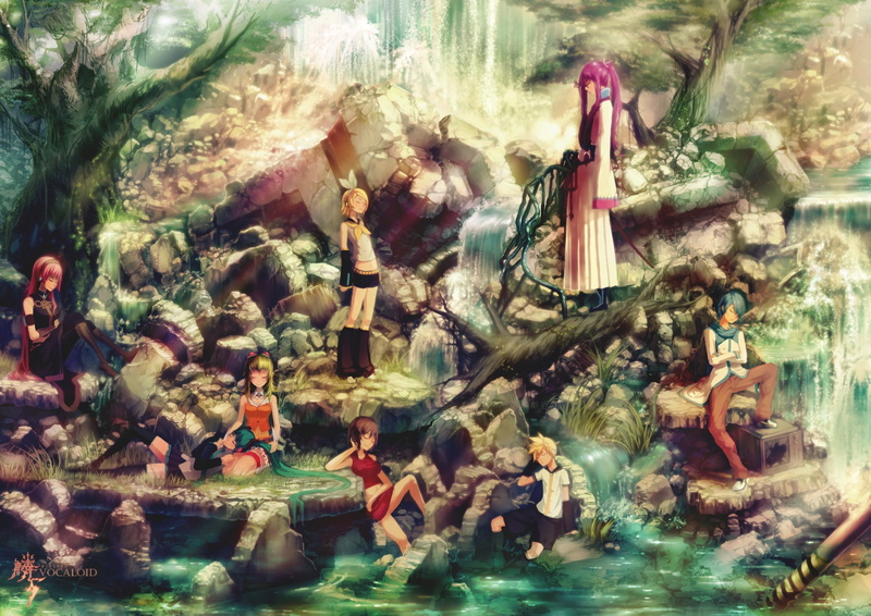 gakupo, len, miku, hatsune, luka, sleeping, 1080P, vocaloid, kamui, water, rin, ko2915277ok, kagamine, gumi, waterfall, megurine, kaito, meiko