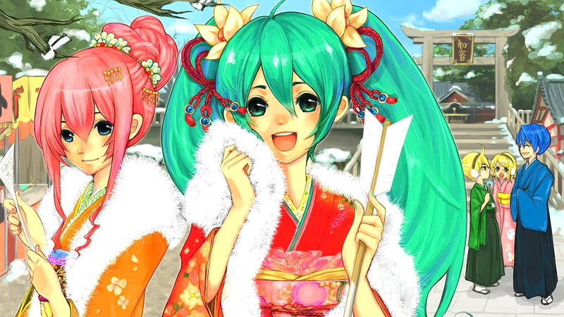 green eyes, anime girls, Hatsune Miku, looking at viewer, anime, Kaito, Kagamine Len, aqua hair, 1080P, Asian architecture, smiling, Vocaloid, hair ornament