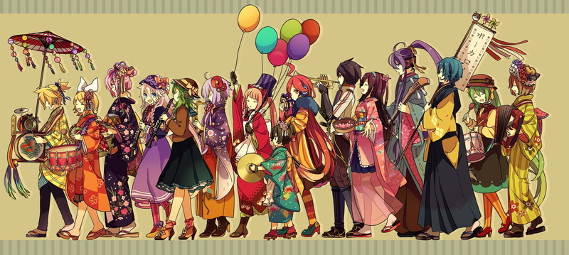 1080P, umbrella, miku, yuzuki, hat, hatsune, kamui, kaito, mizki, drums, rin, yukari, kagamine, vocaloid, yuki, kaai, gumi, group, vy2, gakupo, len, kimono