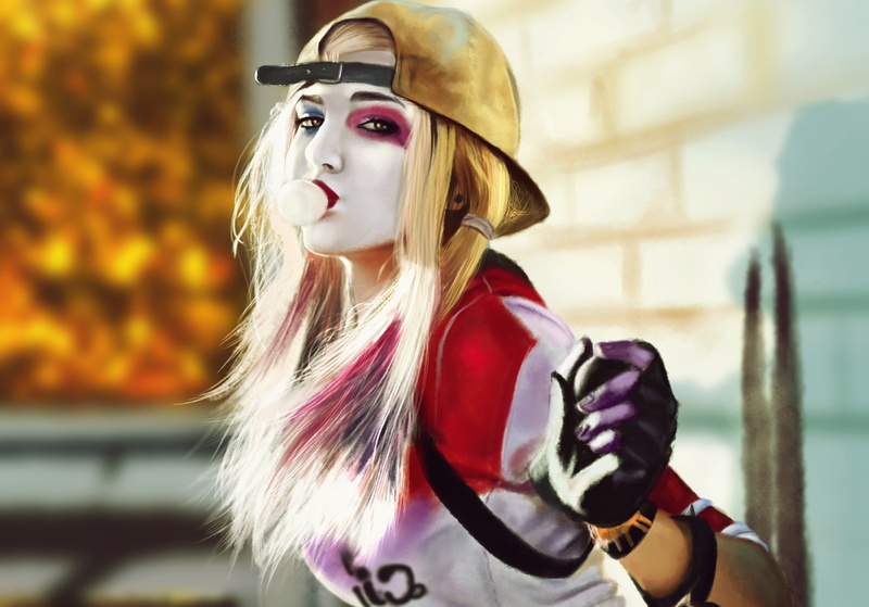 girl, Batman, 2K, art, DC Comics, harley quinn, chewing gum, look, Suicide Squad, makeup