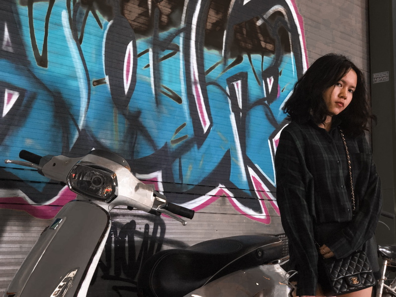 art, hair, casual clothing, wall, women, mural, moped, young adult, one person, 4K, wall - building feature, motorcycle, human, lifestyles, clothing, front view