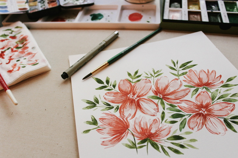 paint, painting, petaled, table, draw, paper, pencil, indoors, still life, two, freshness, pens, illustrate, high angle view, nature, close-up, floral pattern