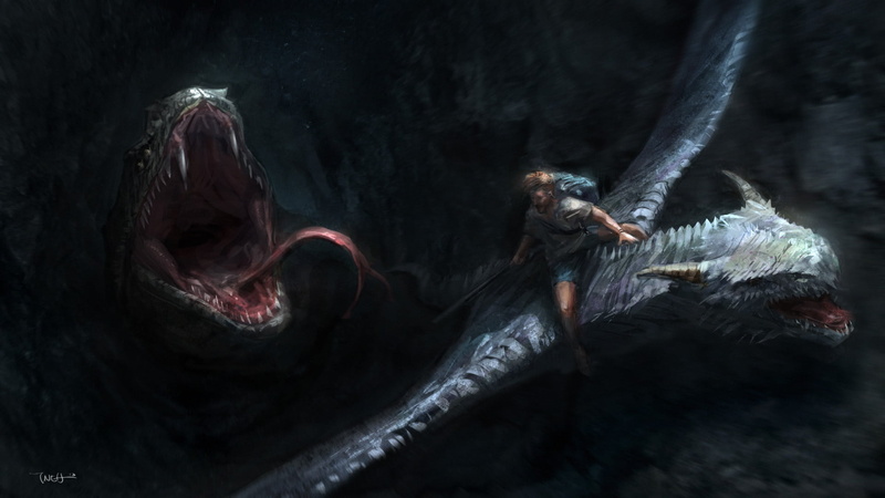 black background, 1080P, beautiful woman, dragon, man, people, riding, mouth open, monster, indoors, fiction, snake, side view, full length, effort, art