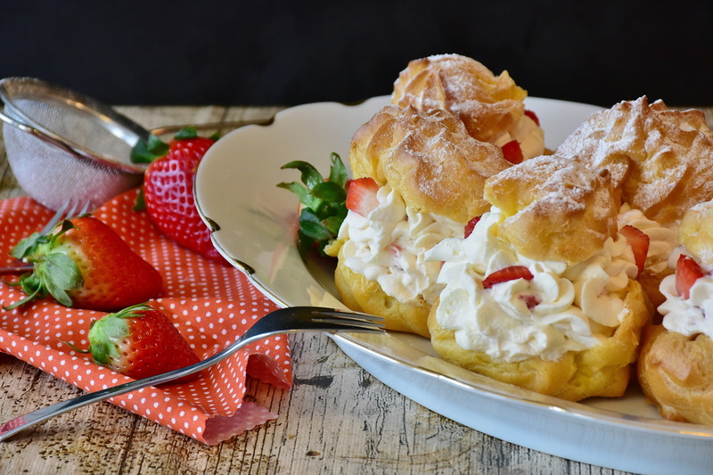 kitchen, eating utensil, small cakes, sugar, berry fruit, delicious, garnish, candy, indulgence, sweetness, fork, herb, indoors, three, choux pastry, cake