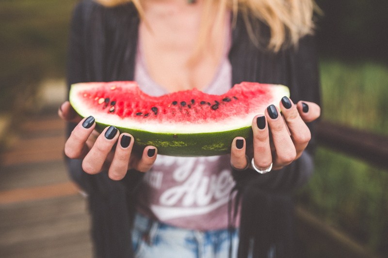 healthy eating, smile, 4K, green, color, person, eating, young, girl, healthy, sweet, casual clothing, woman, outdoors, red, watermelon, hairstyle, healthy lifestyle