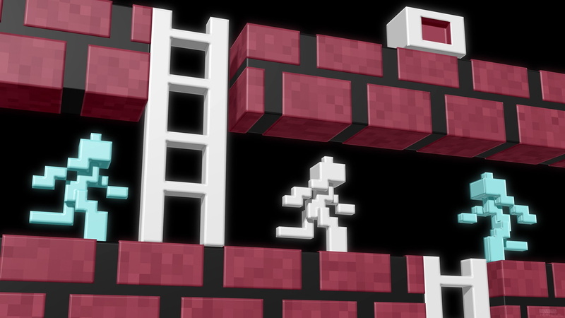 ladders, 3D, video games, digital art, pixels, black background, running, cube, 1080P, bricks