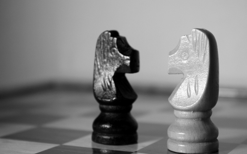 queen - chess piece, black color, skill, wood - material, indoors, animal representation, knight - chess piece, two objects, widescreen, white, pawn - chess piece