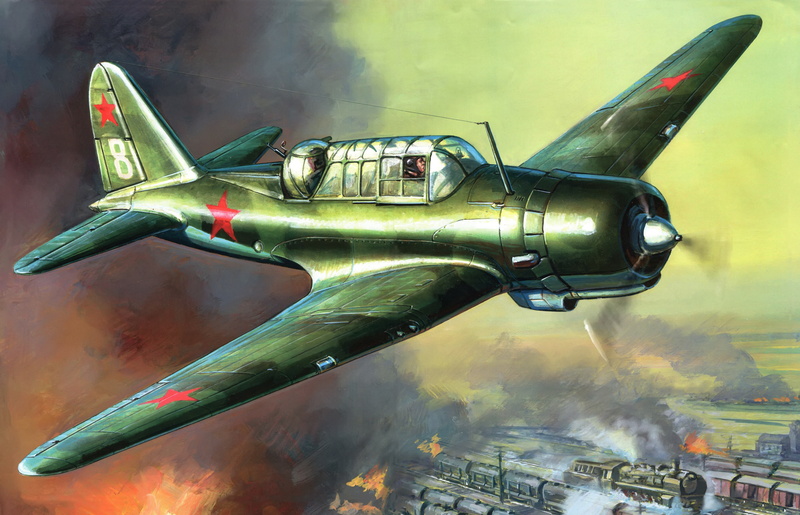 flame, fire, black, the engine, 8K, Soviet, fighter, art, plane, war, Su-2, explosions, cars, station, figure, painting, smoke, train, bomber