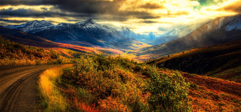 shrubs, dirt road, road, scenics - nature, cloud - sky, mountain, Canada, grass, panoramas, autumn, no people, nature, snowy peak, sky, beauty in nature