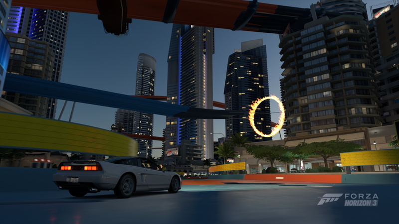 built structure, land vehicle, sky, forza horizon 3, tall - high, motor vehicle, skyscraper, building, modern, mode of transportation, no people, office building exterior