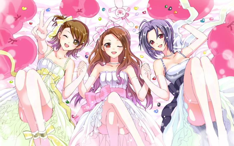 ami, brown, iori, 1080P, hair, kabkin, gloves, eyes, purple, minase, elbow, bow, dress, futami, miura, idolmaster, wink, red, azusa, necklace