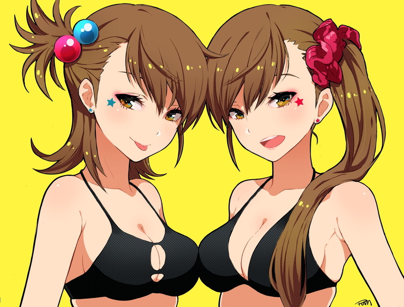 720P, long, 242597, idolmaster, short, cleavage, bikini, ami, ponytail, mami, twins, breasts, brown, signed, hair, konachan, yellow, swimsuit, 2girls