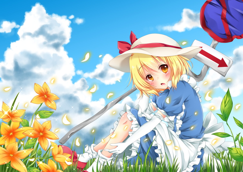 portrait, leisure activity, day, touhou, Anime, fragility, beauty in nature, nature, flower, cloud - sky, sunlight, women, 1080P, looking at camera, females