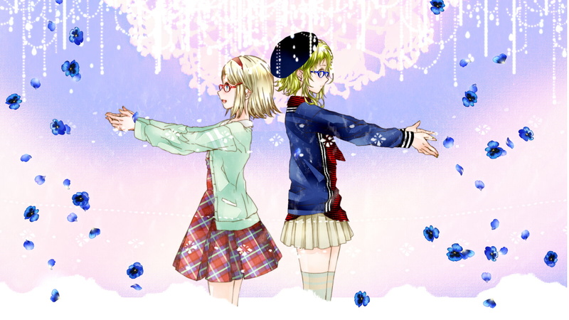 720P, kagamine, dress, glasses, ebisu, vocaloid, rin, kana, flowers, gumi