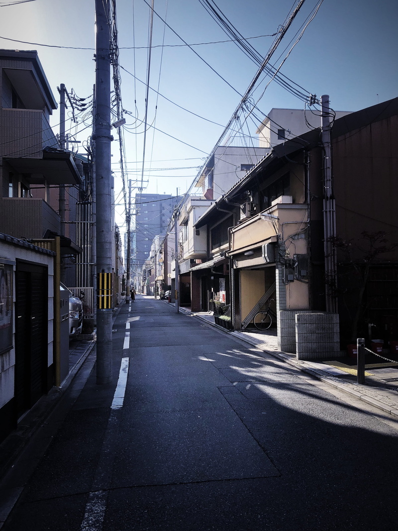 person, alley, building, intersection, vehicle, street, building exterior, day, power line, neighborhood, power supply, 2K, tarmac, cable, kyoto, electricity