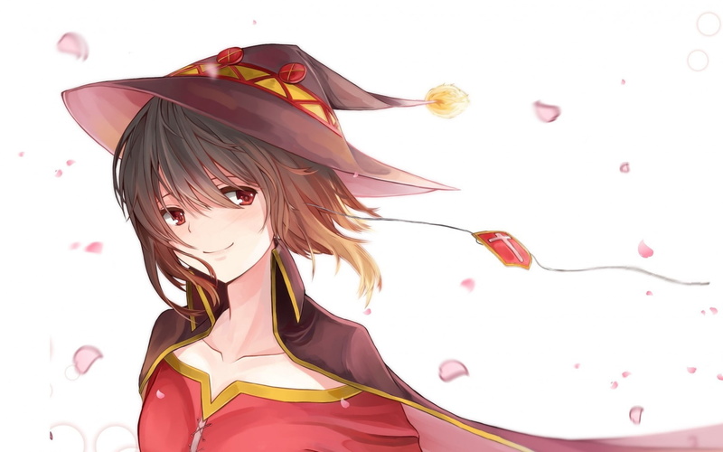 studio shot, anime girls, brunette, close-up, adult, clothing, witch, Kono Subarashii Sekai ni Shukufuku wo!, front view, pink color, headshot, young adult
