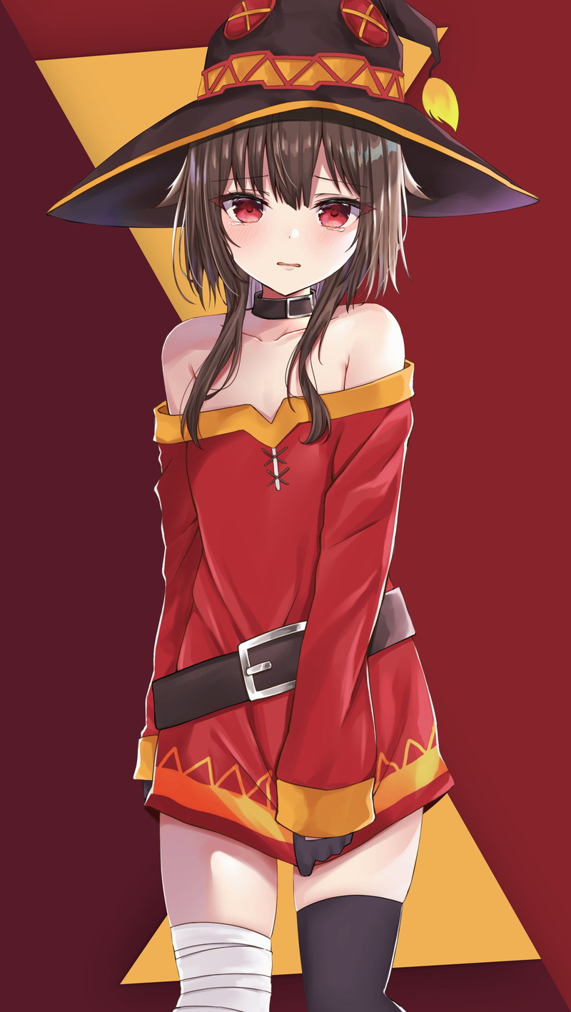 witch, anime girls, red eyes, Megumin, vertical, stockings, bandage, witch hat, anime, Kono Subarashii Sekai ni Shukufuku wo!, 2K