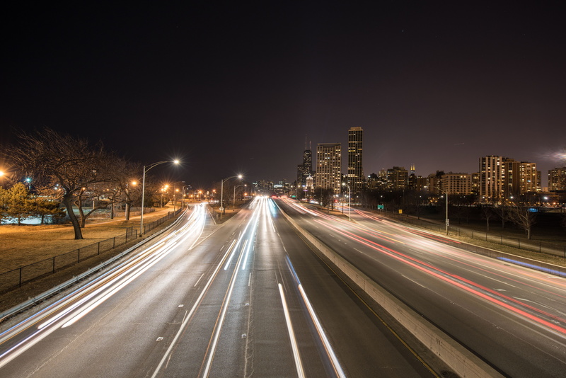 architecture, highway, city, illuminated, street light, building exterior, building, 5K, outdoors, light, downtown, city street, long exposure, speed