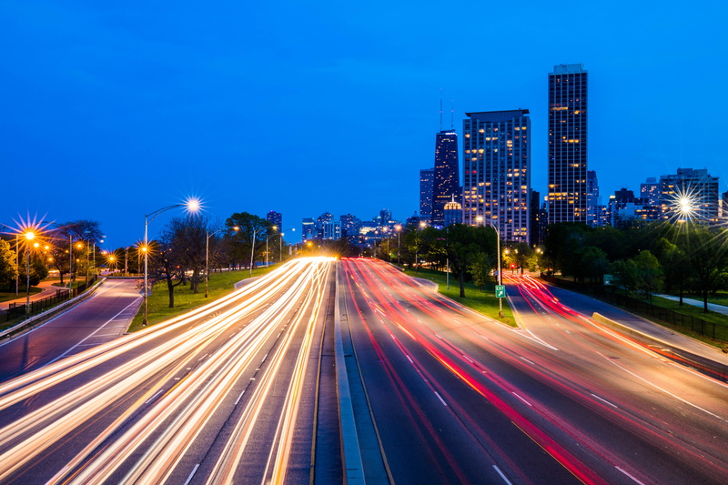road, highway, lakeshore drive, motion, city, skyline, building exterior, outdoors, illuminated, architecture, light trail, chicago, cityscape, street