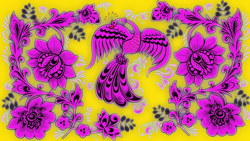 acrylic paint, background, cardboard, The Firebird, floral ornament, Khokhloma, texture, pattern, 2K, picture