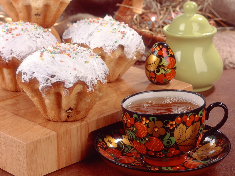 holiday, Khokhloma, egg, cake, topping, tea, 1080P, Easter