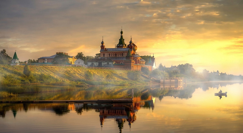 no people, place of worship, near, landscape, brown, russian, 1080P, waterfront, sky, outdoors, travel destinations, lake, castle, sunset, water, architecture