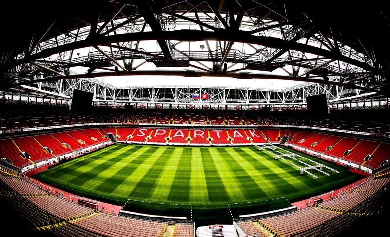 Stadium "Spartak", building exterior, Spartak Stadium, green color, outdoors, Lawn, soccer, 4K, absence, soccer field, Arena, playing field, team sport