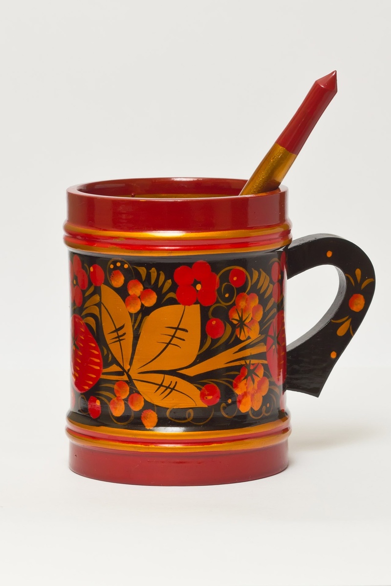 cup, craft, red, cut out, antique, indoors, close-up, utensils, mug, vintage, floral pattern, spoon, white background, crockery, dishes, drink, single object