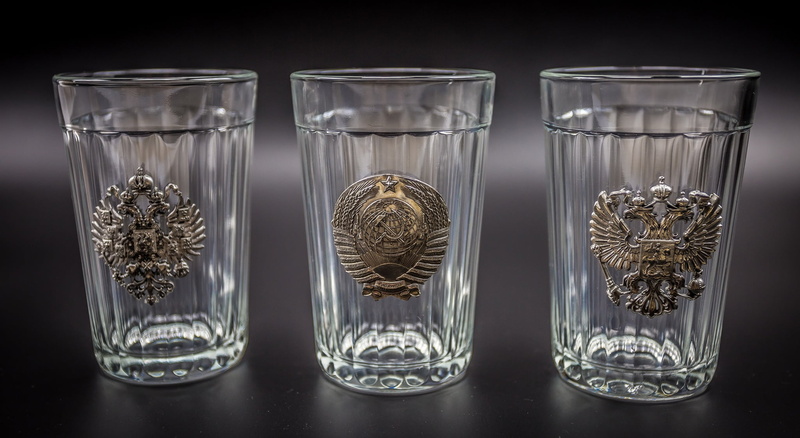 Three glasses, The dark background, The Coat Of Arms Of The Russian Federation, The coat of arms of the USSR, 1080P, The Coat Of Arms Of The Russian Empire