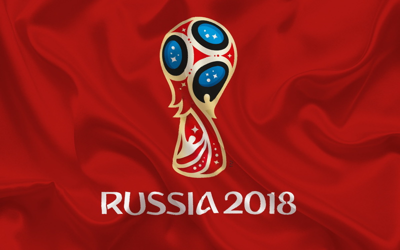 World Cup, Russia 2018, logo, red background, FIFA, official logo, FIFA World Cup, soccer, 2K, football, Russia, sport