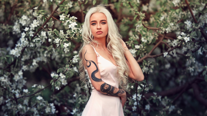 beautiful woman, young adult, dress, blond hair, tattoo, hair, hairstyle, beauty, nature, adult, one person, clothing, tree, long hair, 1080P, plant, women