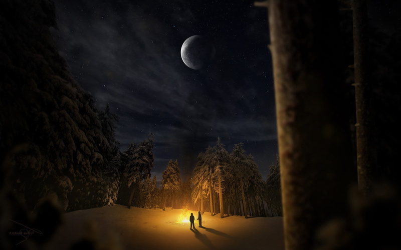 Silhouette, night, stars, winter, smoke, fantasy Art, painting, Trees, People, sky, clouds, shadow, field, artwork, Campfire, 1080P, forest, snow, fire