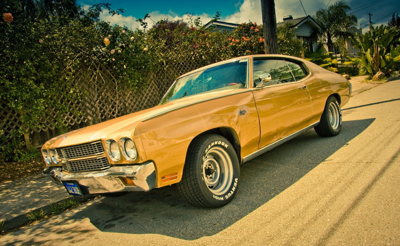 Chevrolet, land vehicle, tree, Chevelle, car, ss, sunlight, no people, shadow, mode of transportation, yellow, nature, street, vintage car, road, classic