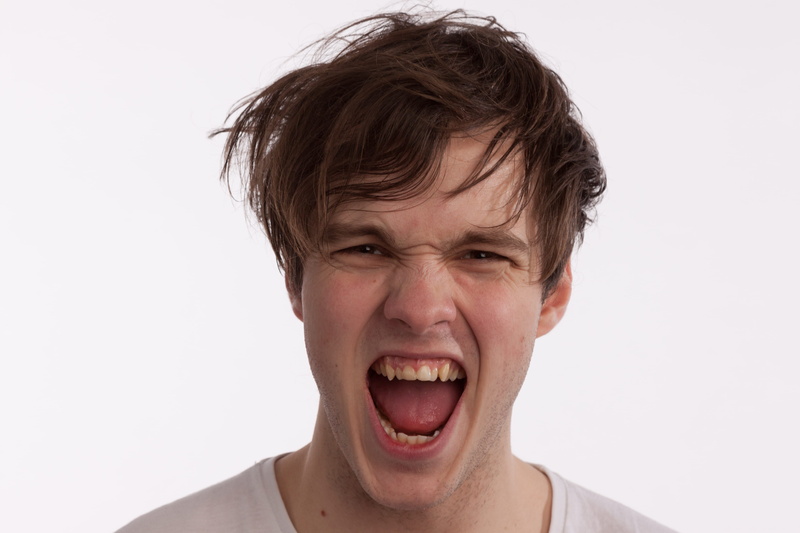 irritation, frustration, crazy, person, front view, posing, crazy person, hair, mouth, studio shot, teeth, messy, indoors, noise, white background, white