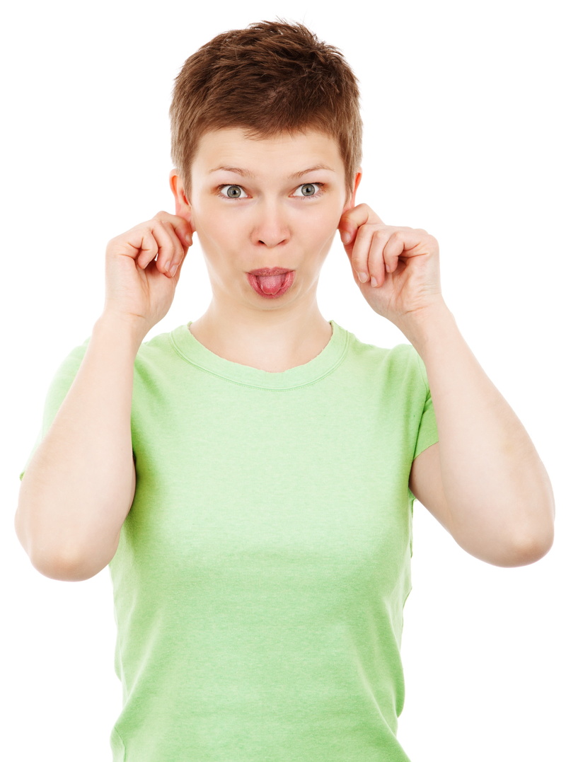 t-shirt, lifestyles, ears, white background, adult, hear, making, front view, woman, young, emotion, silly, isolated, indoors, looking at camera, tongue