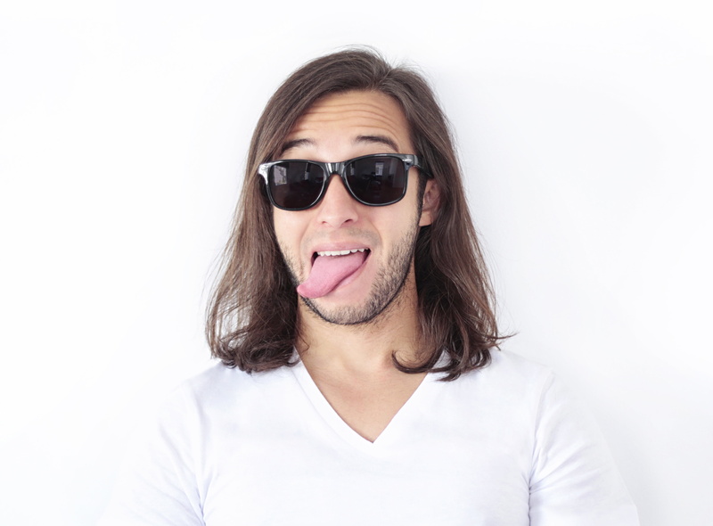 young, sunglasses, beautiful woman, young Adult, portrait, white background, confused, cheerful, mouth open, man, long hair, crazy, male, front view, dude