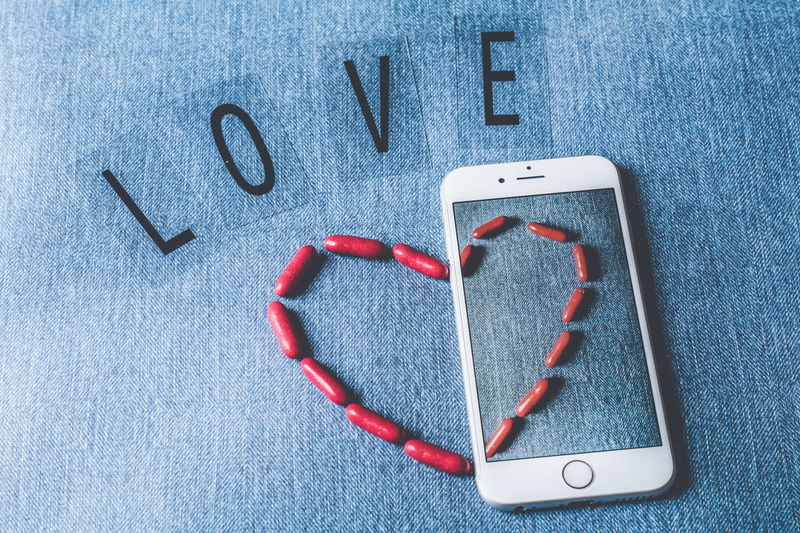 close-up, wireless technology, love, communication, red, mobile phone, healthcare and medicine, silver, western script, blue background, design, beside