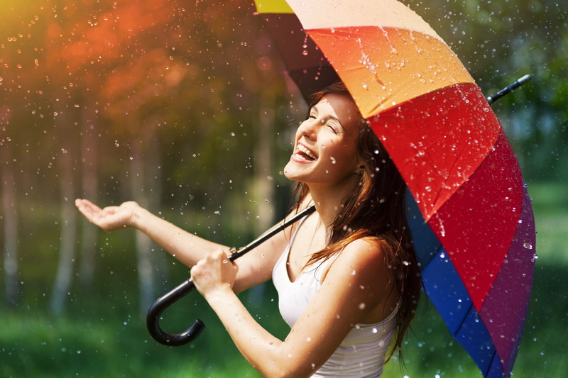sun, smile, mood, rain, happy, umbrella, girl, summer, drops, color, fun, joy, 2K, positive, brunette