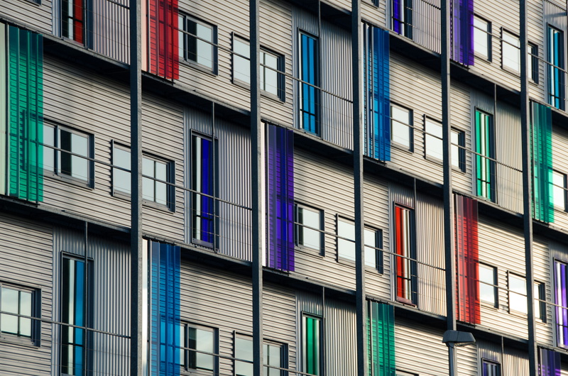 windows, residential district, low angle view, angle, architecture, colorful, side by side, residential, exterior, shot, multi colored, 4K, outdoors, apartment