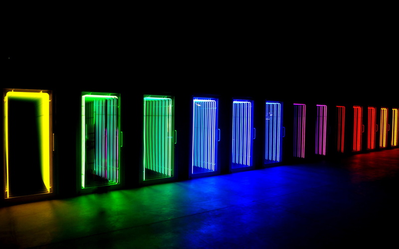 blue, door, red, lights, black, background, colourful, green, 1080P