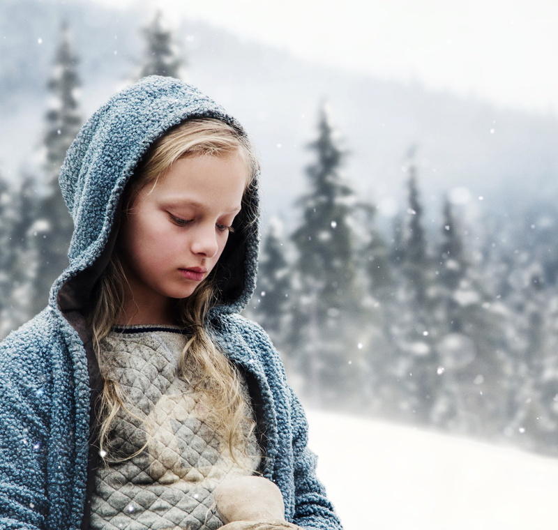 contemplation, warm clothing, 1080P, clothing, day, hairstyle, focus on foreground, snowing, 2017, nature, child, scarf, tree, winter, outdoors, one person