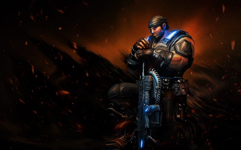 black, holding, suit, rifle, brown, sergeant, poster, war, michael, man, 2K, gears, fenix, marcus, assault