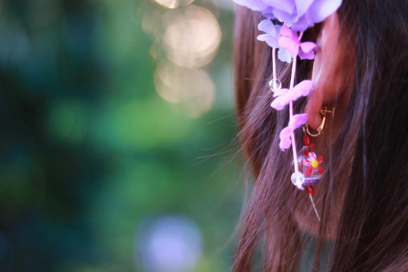 brown hair, human Face, beauty, purple, day, outdoors, beauty In Nature, fashion, focus on foreground, sky, flower, sunny, nature, women, beautiful, woman