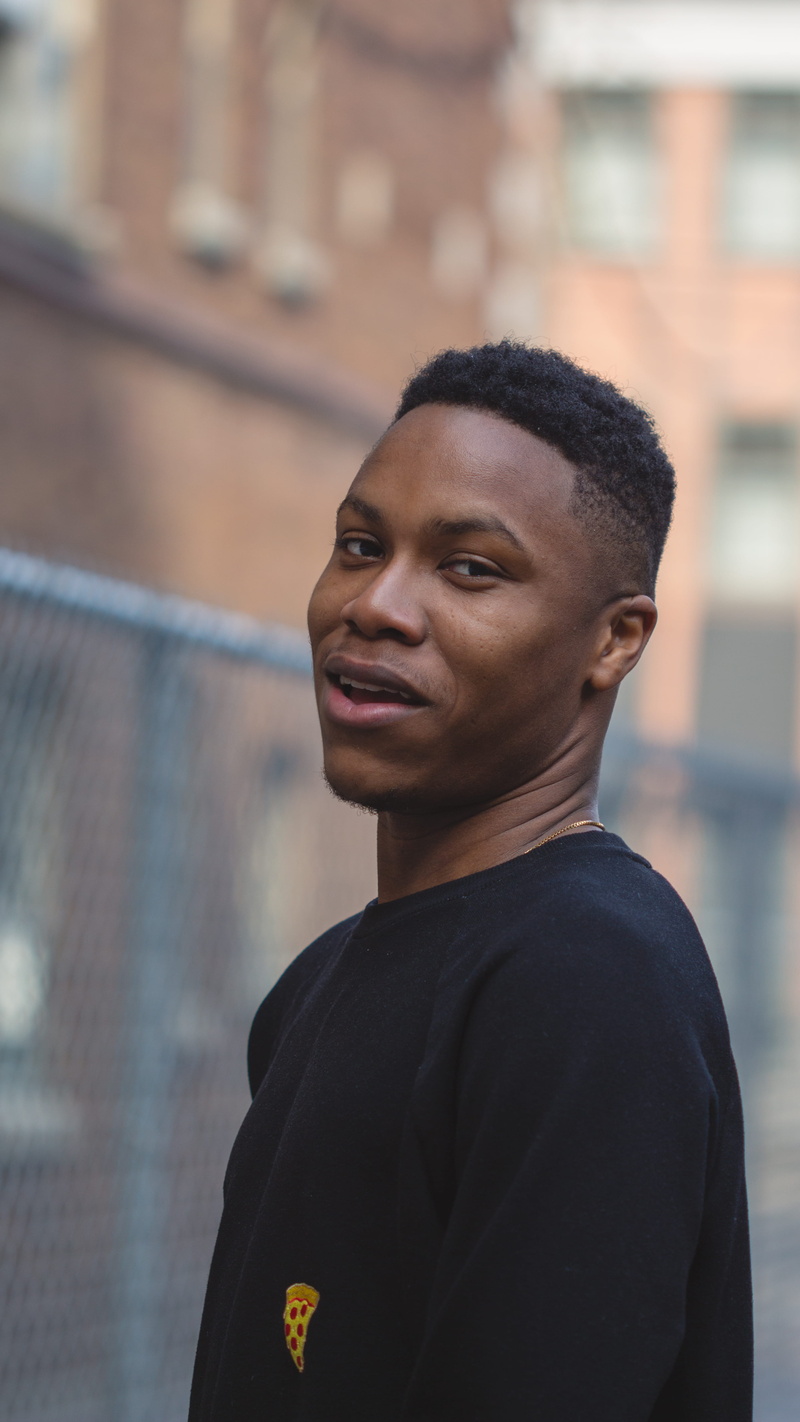face, headshot, female, one person, lifestyles, bokeh, pizza, toronto, street, building exterior, smiling, young men, 5K, leisure activities, real people